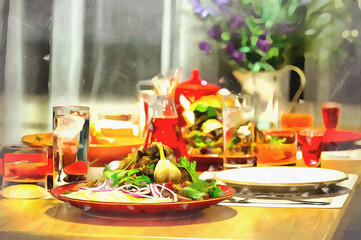 Served tasty meal with rice and meat close up view