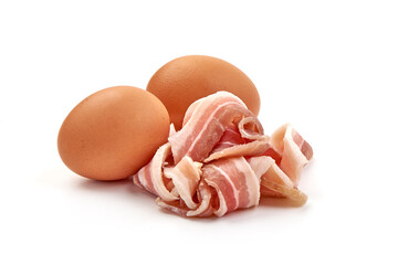 Bacon slices with eggs, ingredients for cooking, isolated on white background