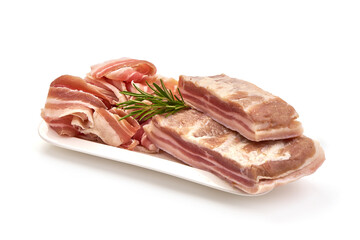 Bacon slices, sliced pork brisket, isolated on white background