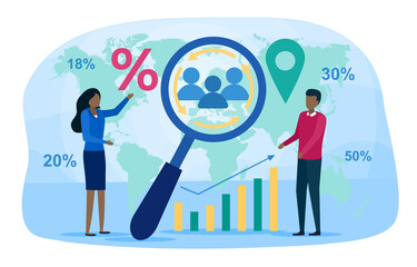 Demography abstract concept. Scientist studying population, analyze data about demographic numbers, in area over a period of time. Cartoon flat vector illustration isolated on white background