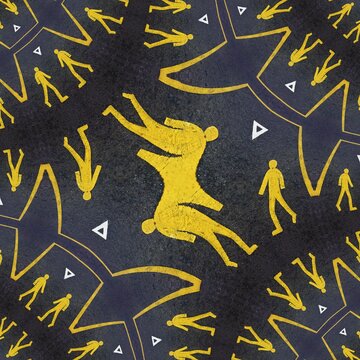 surreal abstract icon of pedestrian male crossing the road in YELLOW paint on black asphalt background repeating patterns