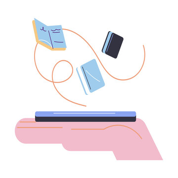 Human hand holding smartphone full of electronic books in e-library