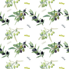 Olive branches with fruit . Seamless pattern watercolor.