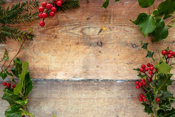 Holly, Ivy and Pine arranged on a rustic wooden table, winter green plants for Christmas wreaths and arrangements frame and background