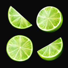 Lime fruit slices isolated on black. Four elements. Hand drawn, watercolor. Vector- stock.