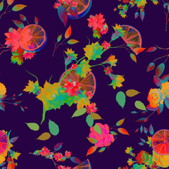 Fototapeta na wymiar Seamless background pattern with abstract flowers, peony, lime fruit, leaves on mixed colors. Hand drawn art work. Vector - stock.