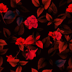 Seamless background pattern. Leaves with red flowers. Dark red, digital illustration. Vector - stock.
