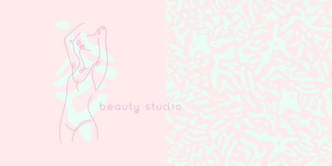 Beauty studio logo design in trendy soft hue. Vector feminine symbol design template minimal line style. Abstract animal skin pattern. Pink seamless background for cosmetic label. Body care insignia.