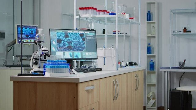 Interior of empty science laboratory with modern equipment prepared for pharmaceutical innovation using high tech, microbiology tools for scientific research. Vaccine development against covid19 virus