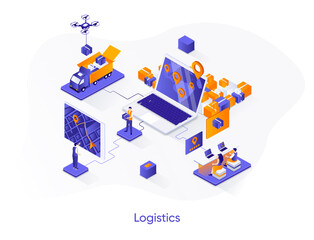 Logistics isometric web banner. Express delivery, logistics company isometry concept. Freight shipping 3d scene, warehousing and distribution flat design. Vector illustration with people characters.