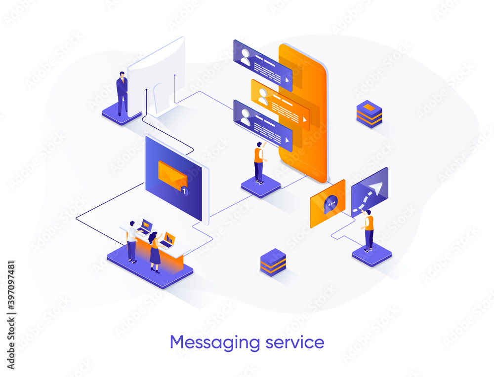 Aufkleber Messaging service isometric web banner. Internet messenger mobile application isometry concept. Online people communication 3d scene, chatting app design. Vector illustration with people characters.