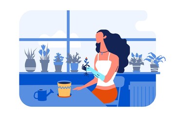 Woman with physical injury with bebionic hand prosthetics engaged in creativity and work, plants a flower at home. flat illustrations.