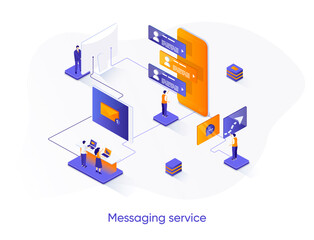 Fototapeta premium Messaging service isometric web banner. Internet messenger mobile application isometry concept. Online people communication 3d scene, chatting app design. Vector illustration with people characters.