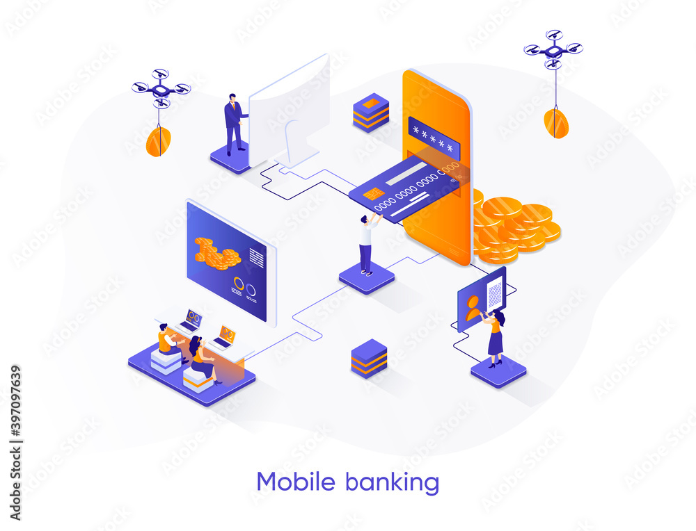 Aufkleber mobile banking isometric web banner. digital wallet, fintech mobile application isometry concept. mo