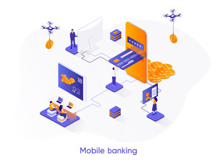 Mobile banking isometric web banner. Digital wallet, fintech mobile application isometry concept. Money transactions and payments 3d scene, smart finance app design. Vector illustration with people.