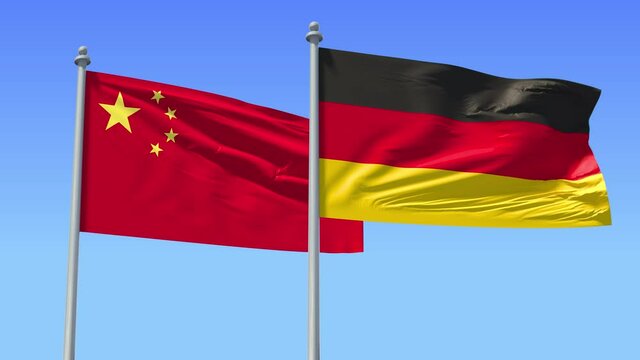 Germany and China flag on flagpole excellent quality. Federal Republic of Germany and People's Republic of China waving flag in wind. Endless Animation. LOOP CYCLE Animation.