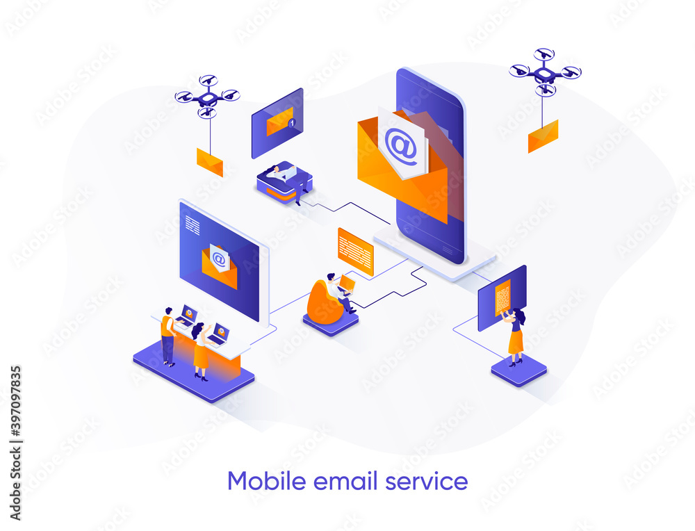 Leinwandbilder mobile email service isometric web banner. email smartphone app isometry concept. social network mes