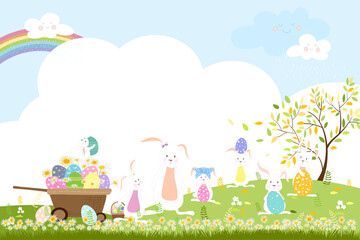 Spring field with bunny hunting Easter eggs,Vector Cute cartoon rabbits playing in green grass field with rainbow and raining,Spring, Summer banner with copy space for easter greeting card background