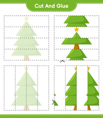 Naklejka na ściany i meble Cut and glue, cut parts of Christmas Tree and glue them. Educational children game, printable worksheet, vector illustration
