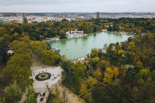 Parque de El Retiro Spain Madrid capital look from above view aerial drone shot Monument to Alfonso XII Estanque Grande del Retiro pond 
