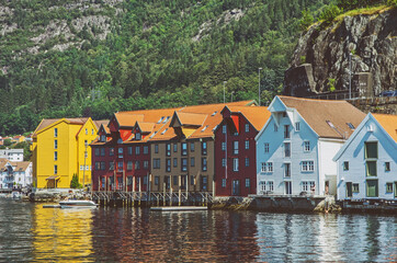 Fototapeta premium Norwegian wooden house on the water in Bergen
