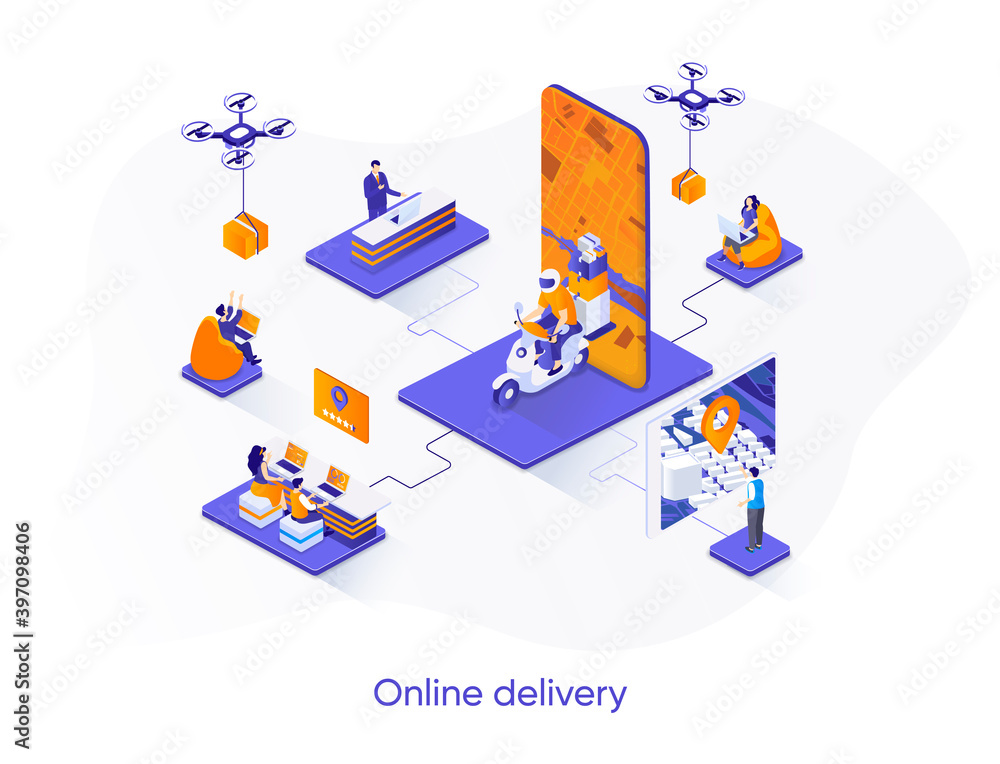 Poster Online delivery isometric web banner. Express courier delivery service isometry concept. Logistics and distribution mobile application 3d scene design. Vector illustration with people characters.