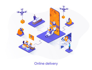 Fototapeta premium Online delivery isometric web banner. Express courier delivery service isometry concept. Logistics and distribution mobile application 3d scene design. Vector illustration with people characters.