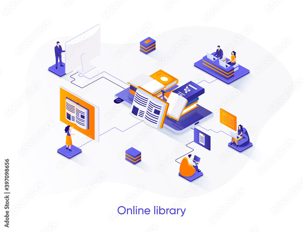 Aufkleber online library isometric web banner. e-library application isometry concept. electronic books servic