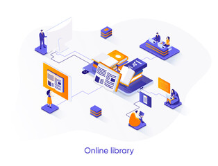 Obraz premium Online library isometric web banner. E-library application isometry concept. Electronic books service 3d scene, distance education and knowledge flat design. Vector illustration with people characters