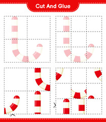 Cut and glue, cut parts of Candy Canes and glue them. Educational children game, printable worksheet, vector illustration