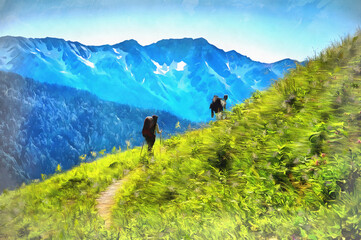 Fototapeta na wymiar Beautiful mountain landscape with tourists hiking at Caucasus mountains