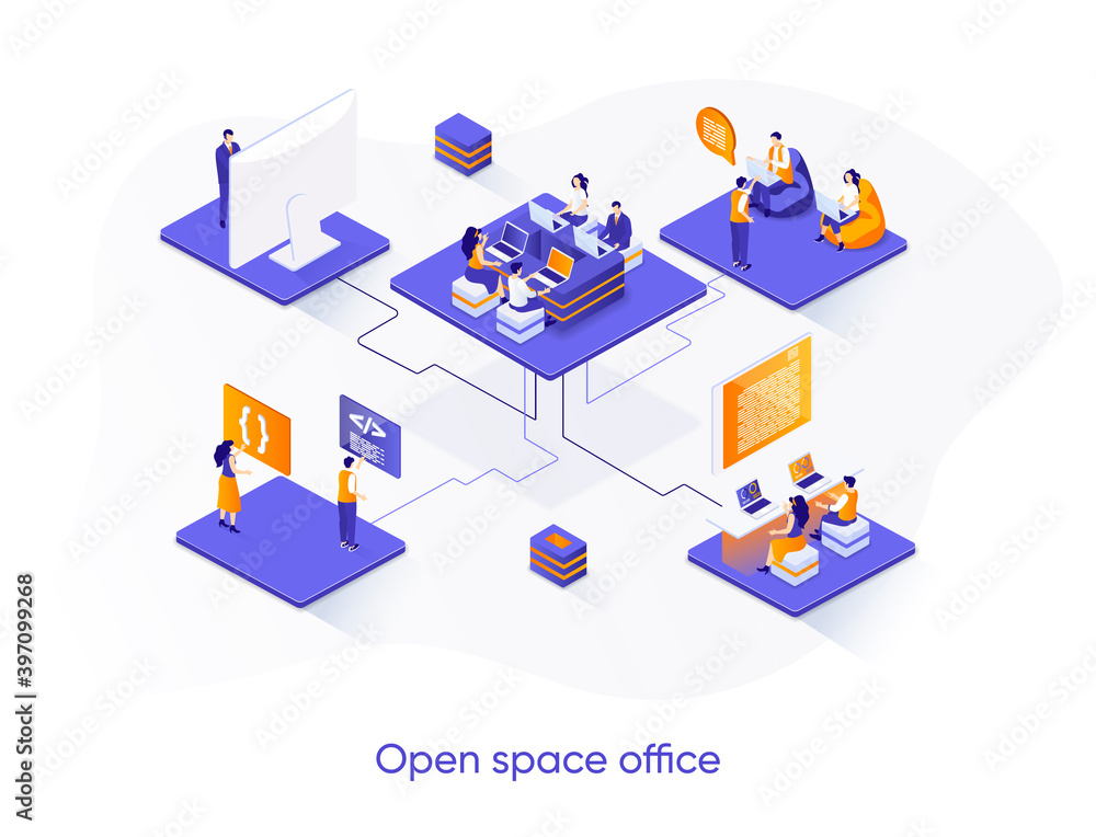 Fototapete open space office isometric web banner. collaboration at coworking open space isometry concept. comf