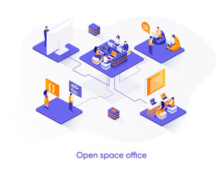 Open space office isometric web banner. Collaboration at coworking open space isometry concept. Comfortable workplace for developers team 3d scene design. Vector illustration with people characters.