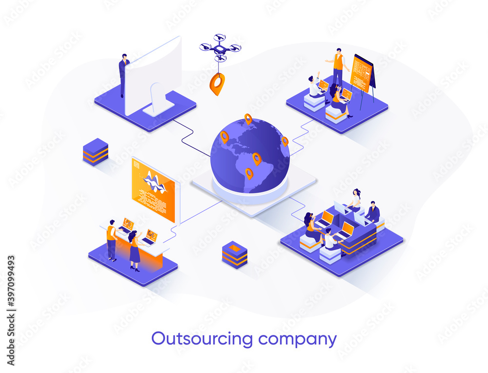 Leinwandbilder outsourcing company isometric web banner. remote workforce and freelancers recruiting isometry conce