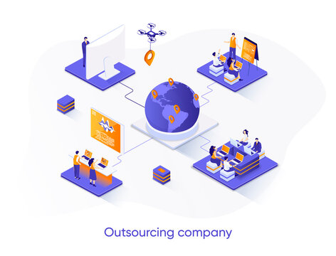 Outsourcing Company Isometric Web Banner. Remote Workforce And Freelancers Recruiting Isometry Concept. Outsourcing Software Development 3d Scene Design. Vector Illustration With People Characters.