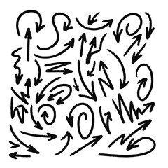 Black color hand drawn arrows set icon template isolated on white background. Arrow sketch handmade. Vector Illustration