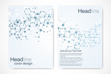 Scientific brochure design template. Vector flyer layout, Molecular structure with connected lines and dots. Scientific pattern atom DNA with elements for magazine, leaflet, cover, poster design.