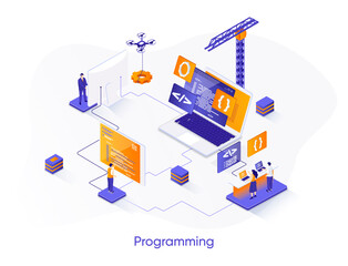 Programming isometric web banner. Full stack software development isometry concept. Engineering and programming 3d scene, outsourcing company service design. Vector illustration with people characters