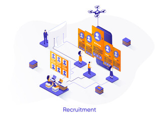 Recruitment isometric web banner. Personnel hiring and employment isometry concept. Human resource management, staff headhunting agency 3d scene design. Vector illustration with people characters.