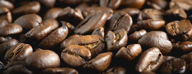 Kaffeebohnen als Nahaufnahme im Panorama Format