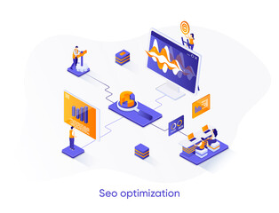 SEO optimization isometric web banner. Internet analytics, online research isometry concept. Website optimization for relevant searches 3d scene design. Vector illustration with people characters.
