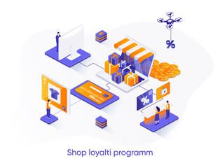 Fototapeta na wymiar Shop loyalty program isometric web banner. Marketing strategy of attracting, retaining customers isometry concept. Online retail loyalty 3d scene design. Vector illustration with people characters.