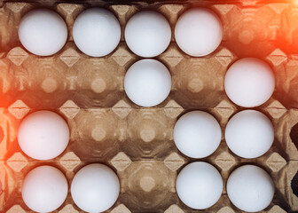 Carton tray with Chicken white eggs. Empty cells in rows with eggs. Closeup. Farm products and natural eggs. Healthy food.