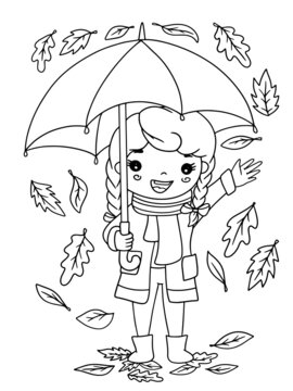 girl cheerful with umbrella autumn leaves graphics happy child illustration character picture vector coentour print isolate on white background