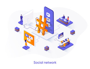 Social network isometric web banner. Internet community communication isometry concept. Social media content sharing 3d scene, posting message flat design. Vector illustration with people characters.