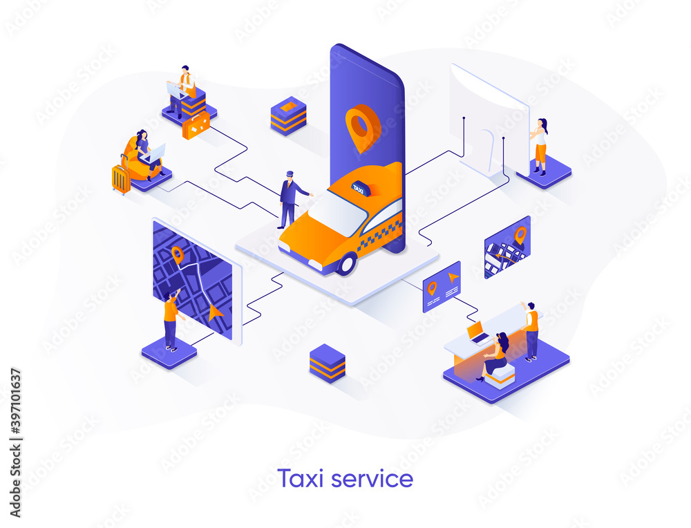 Poster taxi service isometric web banner. web application for online taxi order isometry concept. booking s