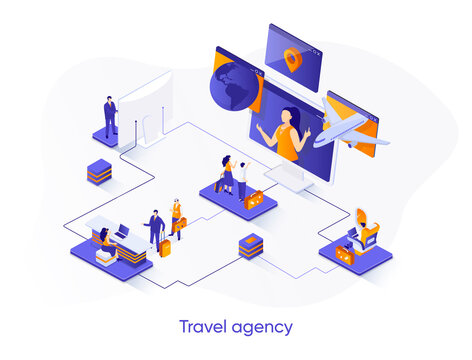 Travel agency isometric web banner. Tour operator isometry concept. Online booking service, comfortable air transportation 3d scene, airport boarding design. Vector illustration with people characters