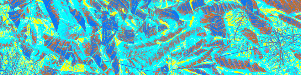 Bright Plant Poster. Azure Leaf Illustration. Orange Cool Image. Colourful Artistic Design. Minimal Graffiti. Blue Feminine Design. Leaves Decor. Abstract Image.