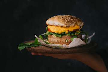 hamburguesa veggie sobre fondo oscuro