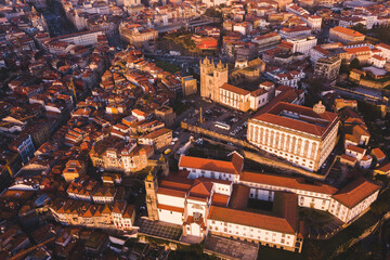 Obraz premium Porto Portugal view look from above drone shot aerial sunset violet Porto Cathedral Sé do Porto